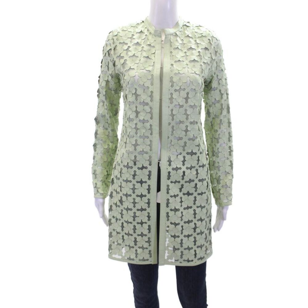 In Transit 2 Womens Leather Mesh Trim Crew Neck Laser Tunic Jacket Green Size XS